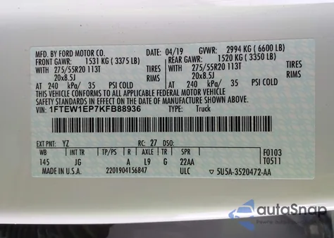 2019 Ford F-150 Xl z USA, uszkodzony, nr VIN 1FTEW1EP7KFB88936